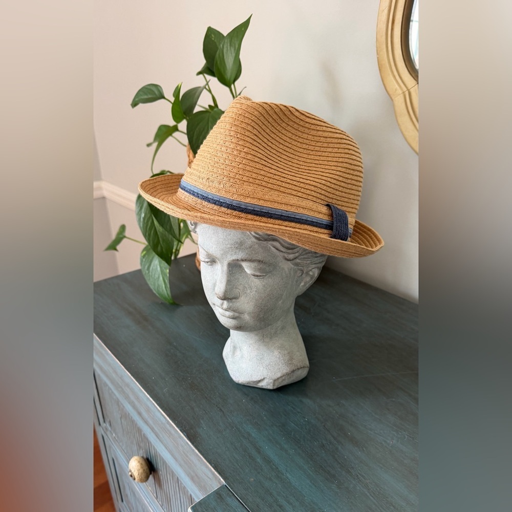 E Block Straw Trilby Fedora Hat Woven paper straw with Navy